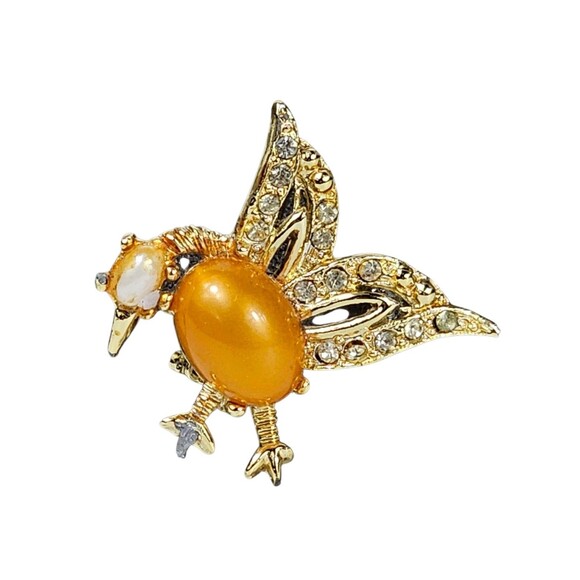 Vintage Gold Tone Bird Brooch with Amber Cabochon & Rhinestone Wings – Retro... - Picture 1 of 6
